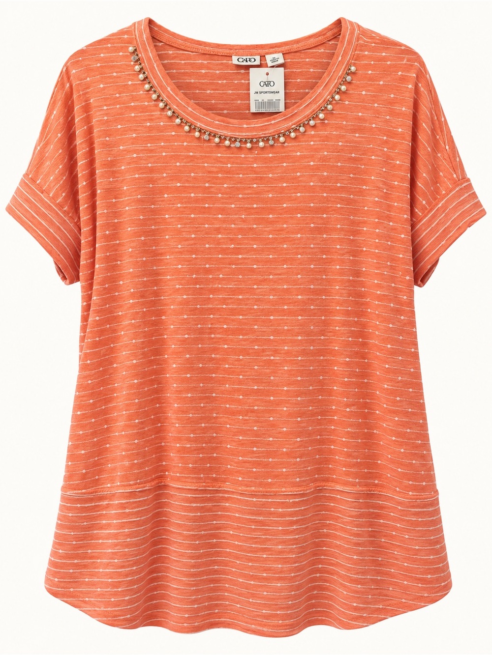 NWT Cato Coral Striped Pearl Neckline Top Size XL